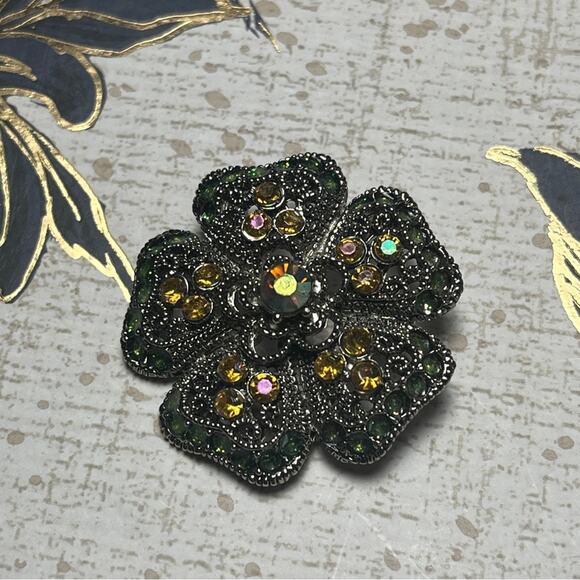 Vintage Sparkling AB Stone Green Enamel Yellow and Pink Silver Flower Brooch D3 - Picture 2 of 8